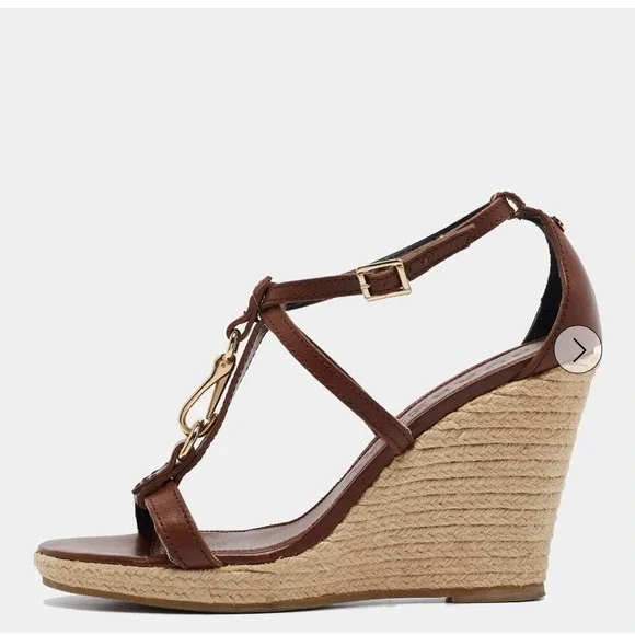 Burberry Brown Leather T-Strap Espadrille Wedge Sandals Size 36 - Picture 1 of 9
